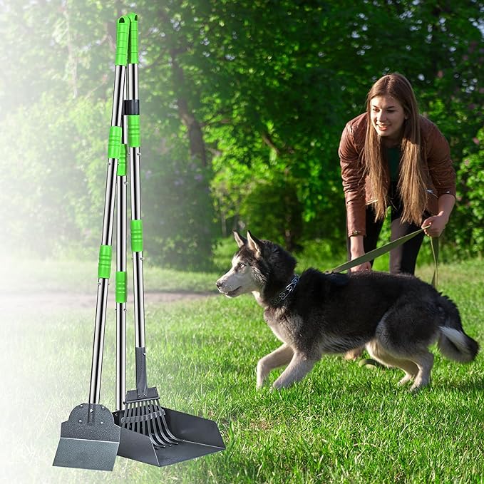 Niubya Pooper Scooper for Dogs, Metal Poop Scooper Tray Spade and Rake Set, Poop Scoop with Adjustable Long Handle, Dog Pooper Scooper for Pet Waste Removal