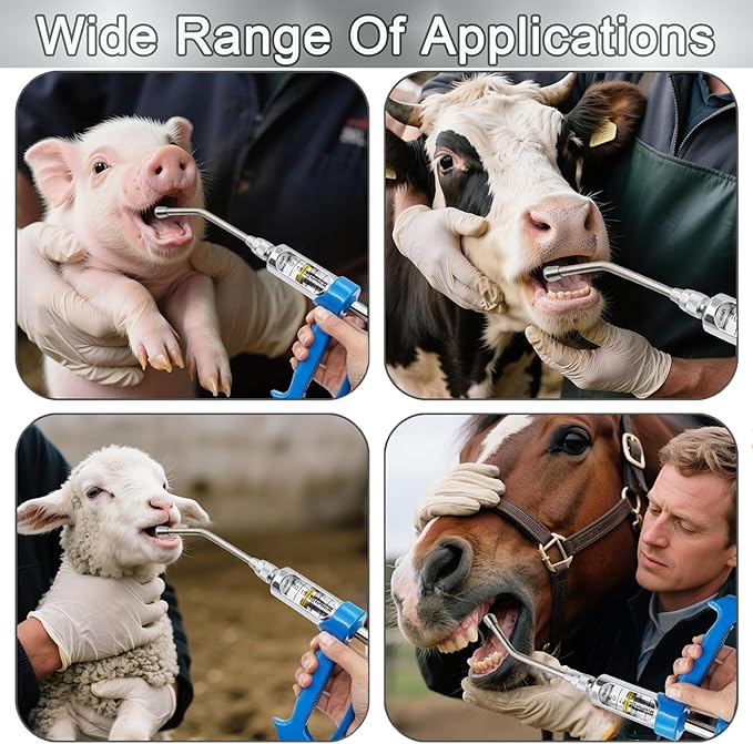 10ML Veterinary Metal Feeding Gun, Continuous Drench Gun Dosing Device Veterinary Adjustable Medicine Dispenser Husbandry Autonomous Feeding Tool, for Pig Cow, Sheep, Horse (Blue, 10ML+Kettle)