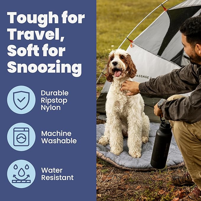 Travel Dog Bed (42" x 30") – Foldable, Packable Camping Dog Bed – Water Resistant, Cozy & Durable Mat with Soft Padding – Compact, Portable & Machine Washable – Large & Small Breeds – Grey
