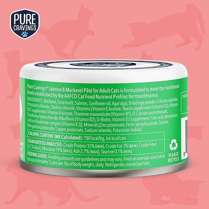 Salmon and Mackerel Pate, Canned Wet Cat Food, 100% Mercury-Tested, Moist Can Fish, Grain-Free Protein, Non-GMO, 12 Pack