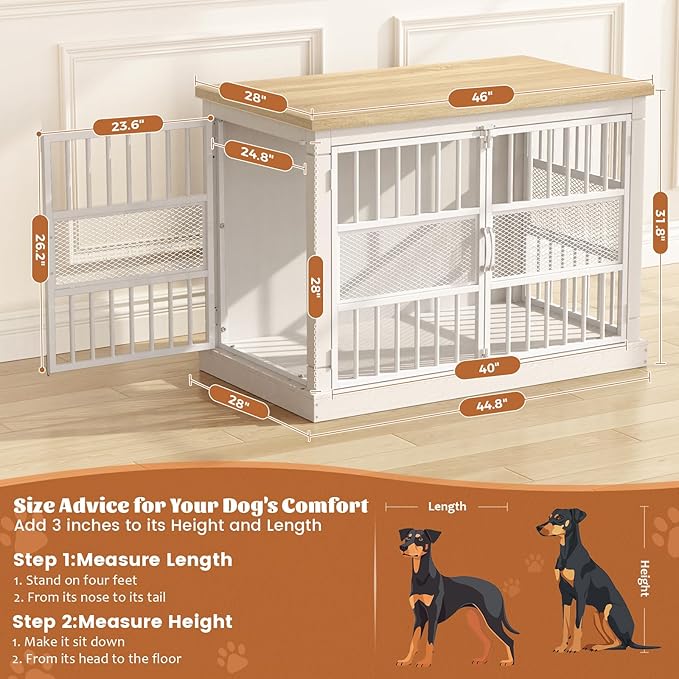 VOPEAK 46" Dog Crate Furniture, Chew Resistant Large Dog Crate for Medium Large Dogs, Heavy Duty XL Dog Crates Dog Kennel Cage Indoor with Double Doors, End Table for Bedroom Living Room, White