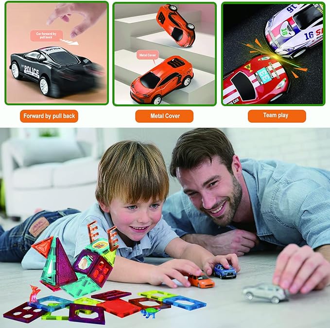 Magnetic Tiles Parking Building Playset with 10 Pull-Back Metal Cars for Kids Construction STEM Toy Preschool Creativity Learning Birthday Gift for Girls Boys Toddlers 3 4 5 6 7 8