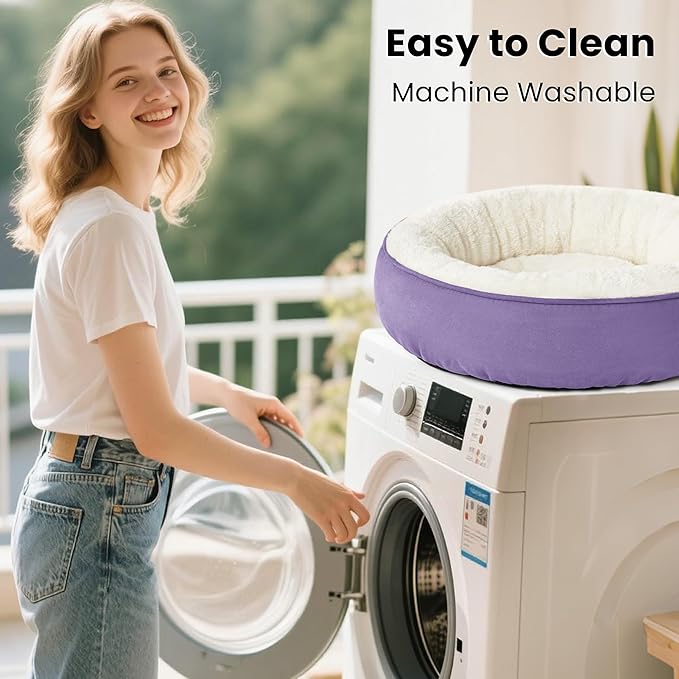 Love's cabin Round Donut Cat and Dog Cushion Bed, 30in Pet Bed for Medium or Large Dogs, Anti-Slip & Water-Resistant Bottom, Soft Durable Fabric Pet beds, Washable Calming Cat Bed Lavender