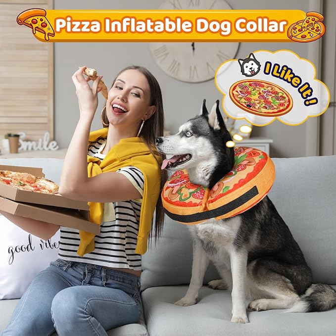 Grand Line Pizza Inflatable Collar for Dog and Cat, Soft Protective Recovery Cone After Surgery, Blow up Pet Donut Collar Cone, E-Collar Alternative Does not Block Vision (Cartoon, Medium)