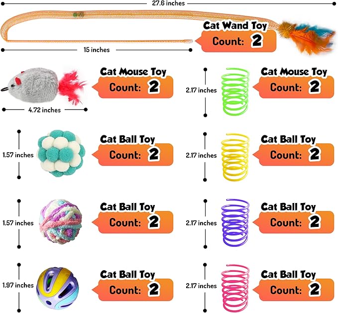 Cat Toys Set for Indoor Cats – 18PCS Cat Toys with Teaser Wand, Mouse, Ball, Spring Toys for Kittens, Interactive Cat Teaser Toys for Bored Cats Exercise and Play