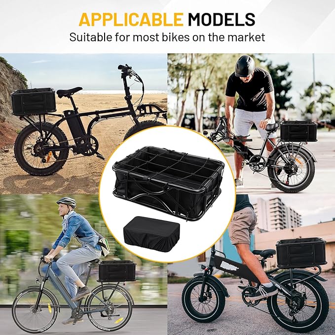 Heavy Duty Rear Bike Basket for Adults, Bicycle Cargo Basket with Removable Liner, Waterproof Cover & Cargo Net, Universal Fit for E-Bike, Mountain Bike, Dog Carrier