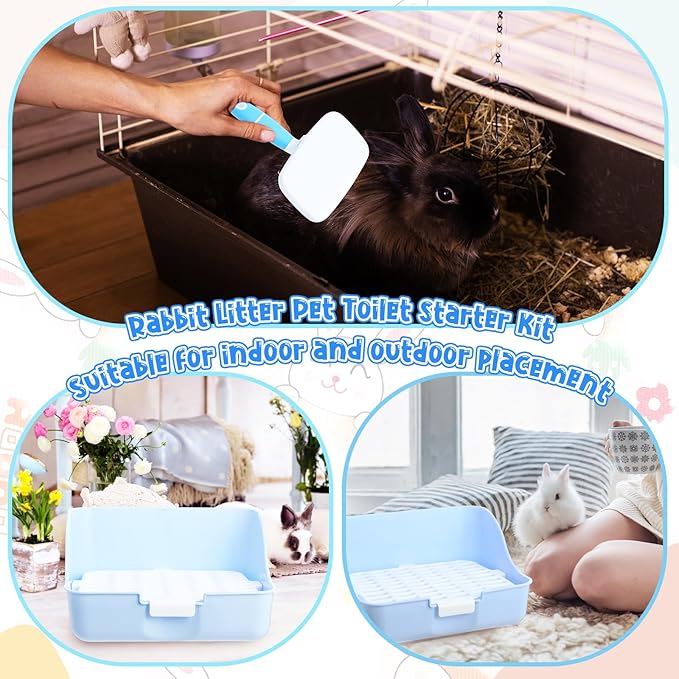15 Pcs Rabbit Starter Kit Small Rabbit Litter Box Animal Grooming Kit Bunny Toys Bowl Blankets with Cleaning Set for Guinea Pig Accessories(Candy Blue)