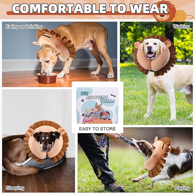KOOLTAIL Inflatable Dog Cone Collar, Soft Dog Cone Alternative for Large Medium Small Dogs After Surgery, Adjustable Donut Neck Cone for Dogs Cats, Recovery E Collar with Enhanced Anti-Licking,Lion L
