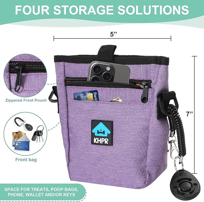 Dog Treat Pouch Magnetic Closure with Training Clicker,Hands-Free Design to Prevent Spills,Built in Poop Bag Dispenser,3 Ways To Wear,Metal Clip Waist Belt and Fanny Pack for Pet Walking(Purple)