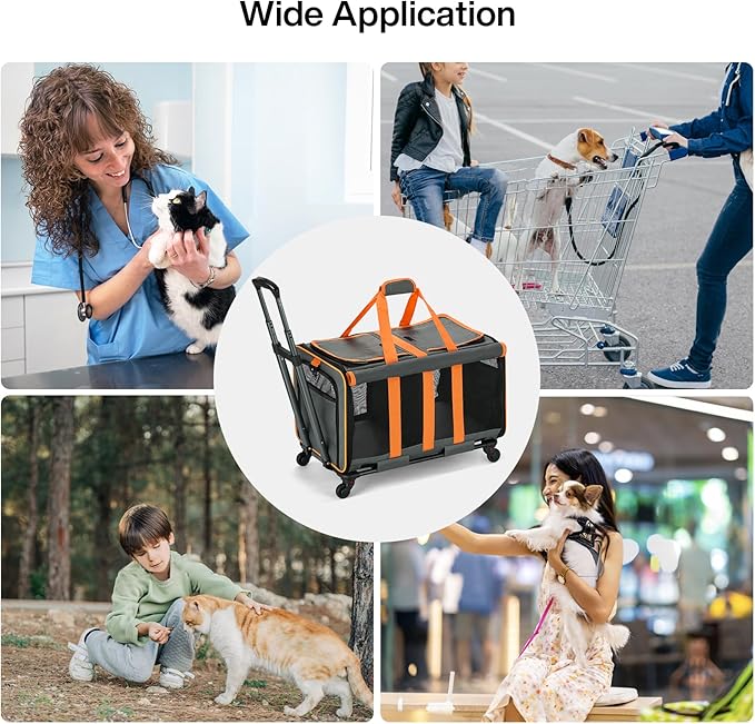 MILADA Large Cat Carrier for 2 Cats, Soft Big Pet Carrier with Wheels, Double Cat Carrier on Wheels, Rolling Pet Carrier for Travel Hiking Shopping and Camping(Not for Air Travel), Orange