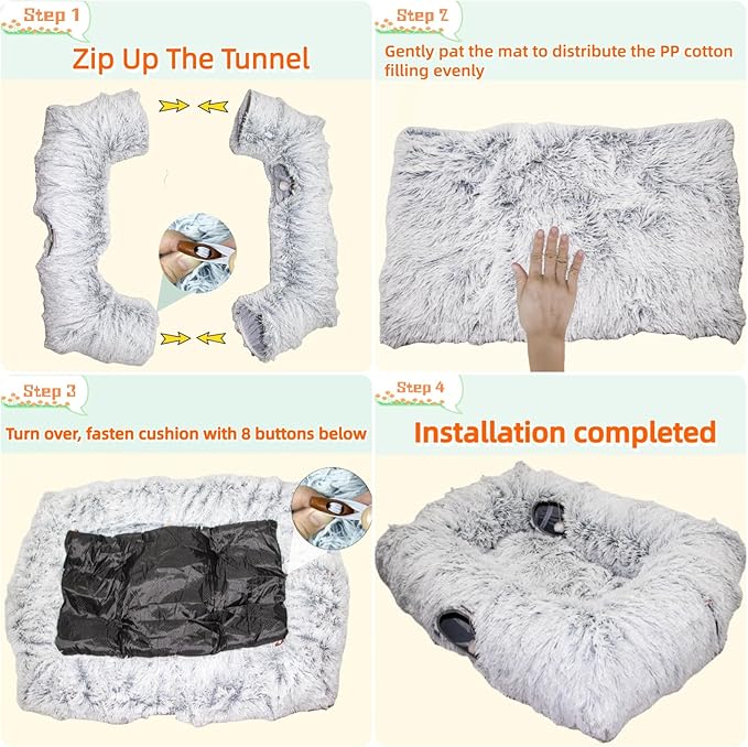 XxingSheep 4 Cave Shuttled XL Cat Tunnel Bed for Indoor Cats Peekaboo Toy Donut with Warm Mat
