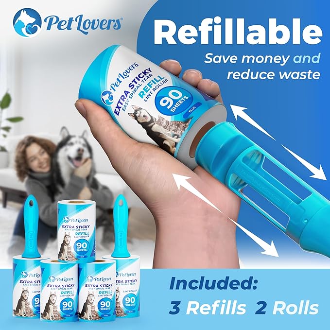 PetLovers Extra Sticky Lint Roller Mega Value Set 450 Sheets for Pet Hair Removal and Clothes, Dog and Cat Lint Remover 5 Pack Light Blue