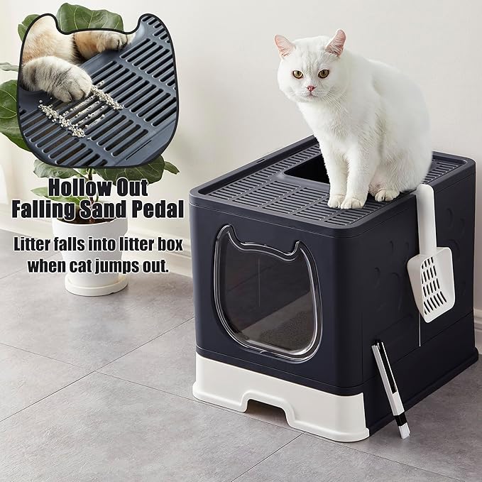Gefryco Litter Box with Lid for Small to Medium Cats, Enclosed Cat Litter Box with Cover,High Sided Top Entry Cat Box with Brush and Scoop, Cute Kitty Litter Pan with Drawer for Growing Kitten(Black)