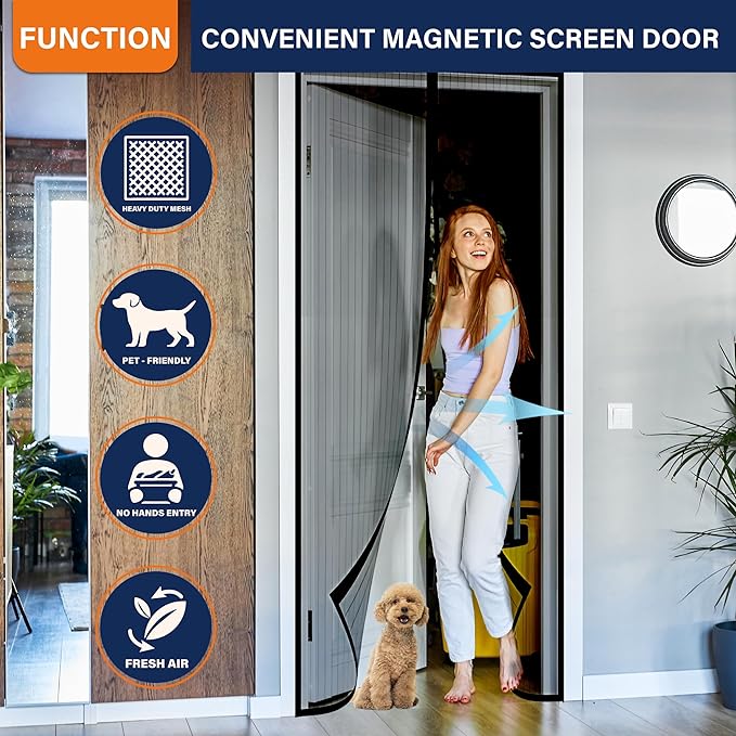 Magnetic Screen Door,Screen Door Mesh,Keep Bugs Out, Heavy-Duty Mesh Curtain,Pet and Kid Friendly, Works with Front Doors, Sliding Doors(36 x 84 Inches Black