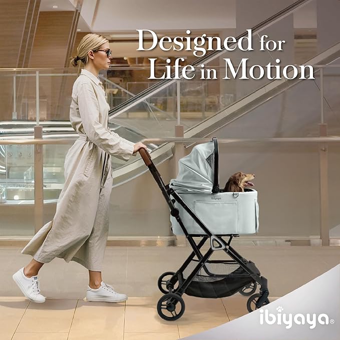 ibiyaya Tinker Pet Stroller for Small Dogs and Cats – 3-in-1 Pet Carrier, Dual-Opening Canopy, No-Flat Wheels, Vegan Leather Handle, Large Storage Basket (Sage Green)
