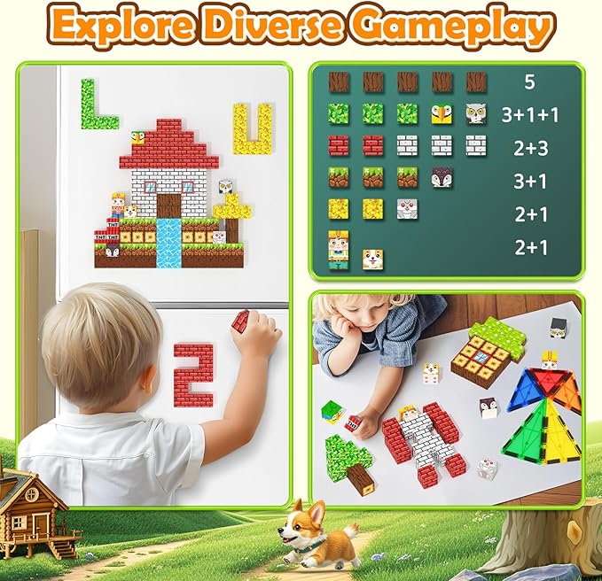 Magnetic Blocks with Forest Animals, Magnetic Building Blocks Magnet Cube Toys Stacking, Build Forest World Set, STEM Montessori Sensory Toys for Kids Boys Girls Age 3 4 5 6 7 8 9 10 Gifts