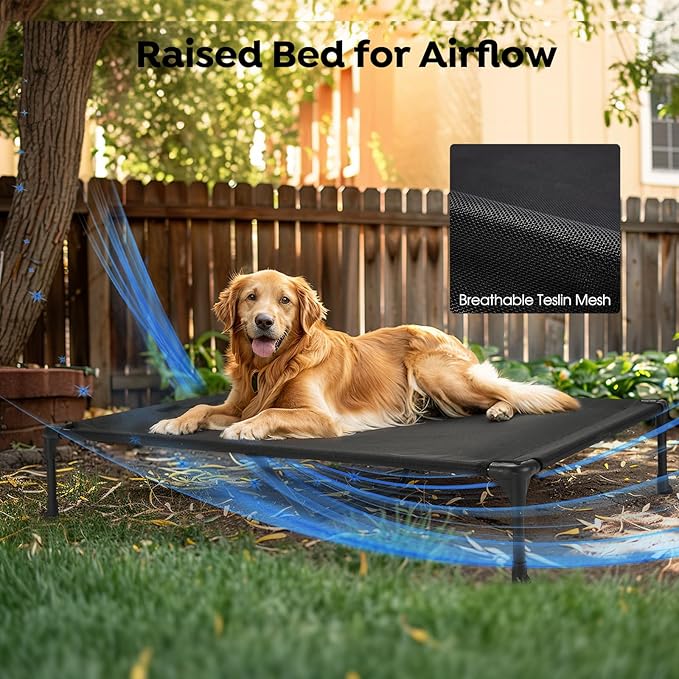Veehoo Cooling Elevated Dog Bed + Removable Fluffy Pillow-Top Mat, Plush Dog Bed with Bolster, Breathable Mesh, No-Slip Feet, Portable Raised Dog Bed for Indoor & Outdoor, 32"x25", Medium, CWC2331E