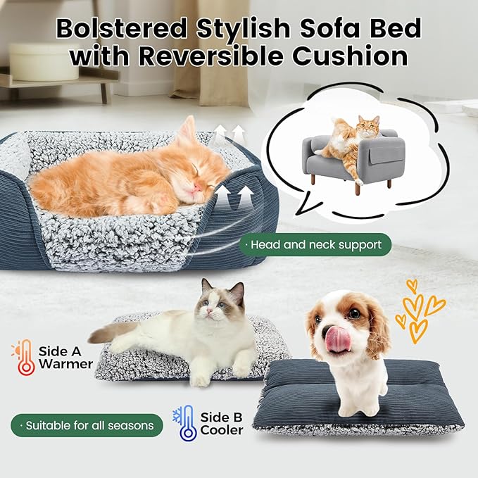Miguel Washable Cat Bed for Indoor Cats With Removable Cushion, Easy to Wash Small Pet Sofa With Side, Rectangle Bolster Kitten Calming Cuddle Puppy Bed, Anti-Slip Bottom, Blue 20 Inch