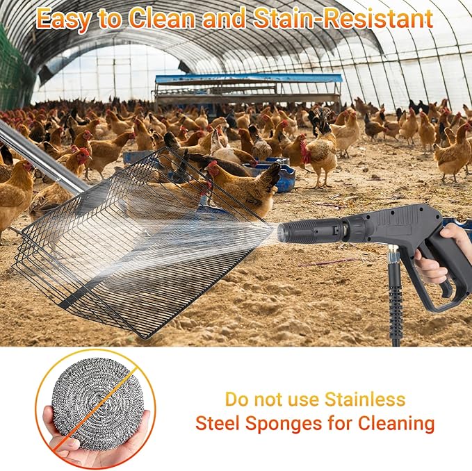 OZRVYNDAREL15 Heavy Duty Chicken Poop Scooper - All Metal Adjustable Handle (39" to 77"), Stainless Steel Sifting Shovel for Coop Cleaning, Small Mesh Design for Fine Waste, Includes Non-Slip Gloves
