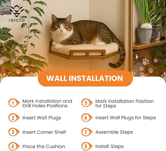 INICIO Cat Wall Shelves - Modern and Durable 3 Step Cat Furniture for Wall - Stylish Birch Floating Shelf for Cats up to 15lbs - Wooden Corner Shelves with Cushioned Perch - Brown