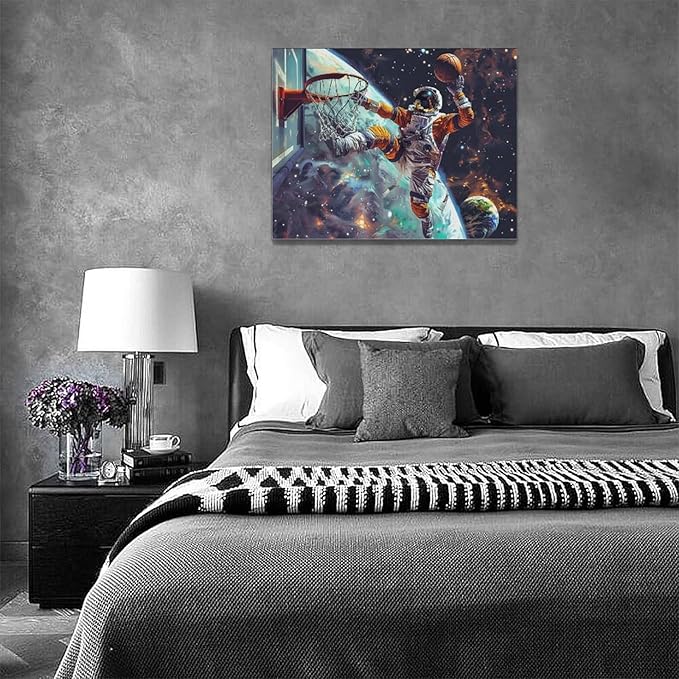 Quorin Astronaut Wall Art Funny Spaceman Basketball Pictures Space Galaxy Planet Wall Decor Canvas Print Painting Artwork for Bathroom Living Room Bedroom 12"x16"