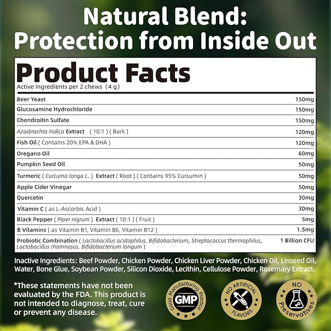 Dog Flea and Tick Support Chewable, Natural Dog Flea Comfort Supplement, Oral Chews with Neem, Oregano Oil, Pumpkin Seed Oil & Brewer's Yeast – 135 Soft Chews, Beef Flavor – for All Breeds & Sizes