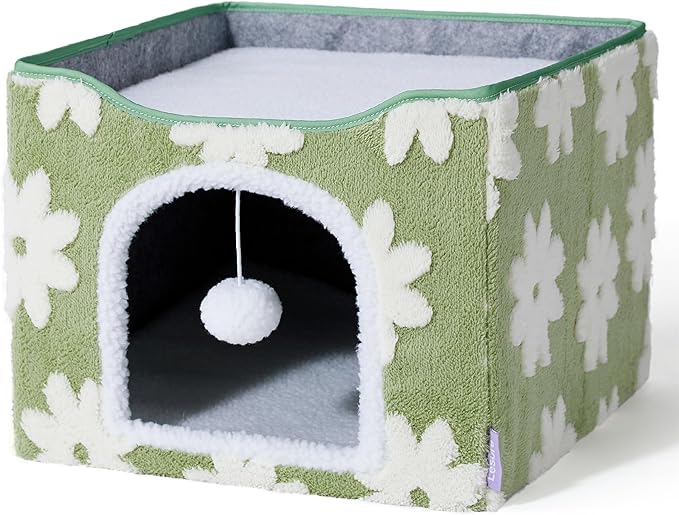 Lesure Indoor Cat Beds Kitten House - Large Cat Cave for Pet Cube with Fluffy Ball Hanging, Foldable Small Animal Hideaway, 16.5x16.5x13 inches, Flower Garden Green