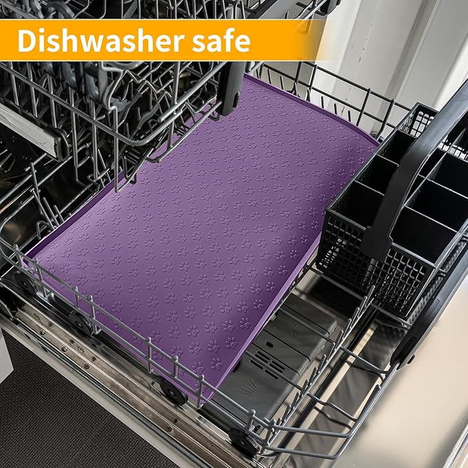 Ptlom Silicone Dog Food Mat Waterproof Pet Feeding Mat with High-Lips, Anti-Slip Dog Bowl Mat for Food & Water, Non-Spill Puppy Feeding Tray for Small, Medium & Large Dogs and Cats, Purple