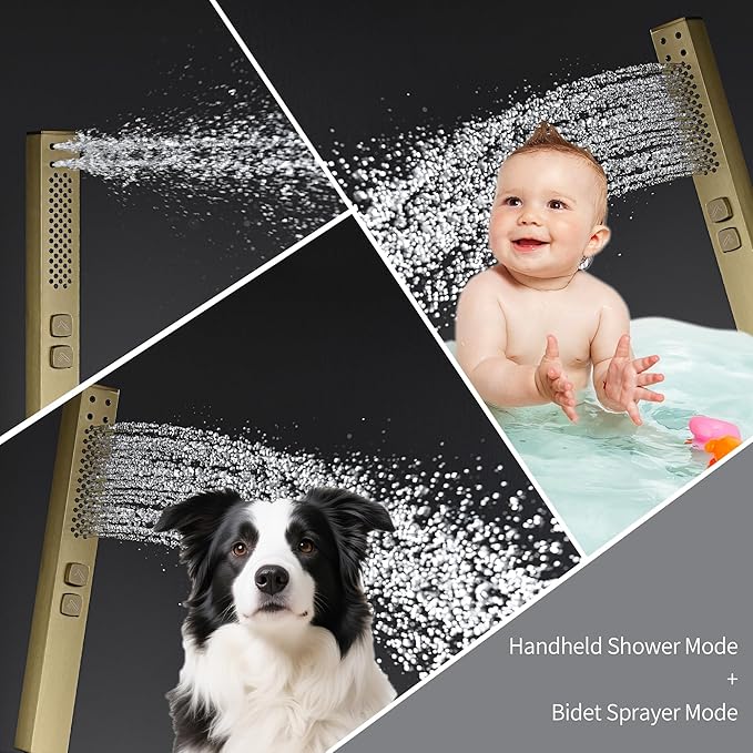 10" Square Rainfall Bathtub and Shower Trim Systems with Rotating Handheld Sprayer, Foldable Tub Spout, Wall-Mounted, Solid Brass Valve with Shampoo Platform- Brushed Gold (Square, Brushed Gold)