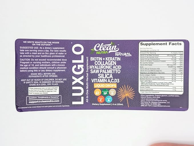 Biotin Liquid Drops Collagen Keratin Hyaluronic Acid Saw Palmetto for Hair Skin and Nails Silica Vitamin A C Vitamin D Bamboo Turmeric Zinc Folate Magnesium Horsetail LuxGlo by Clean Nutra