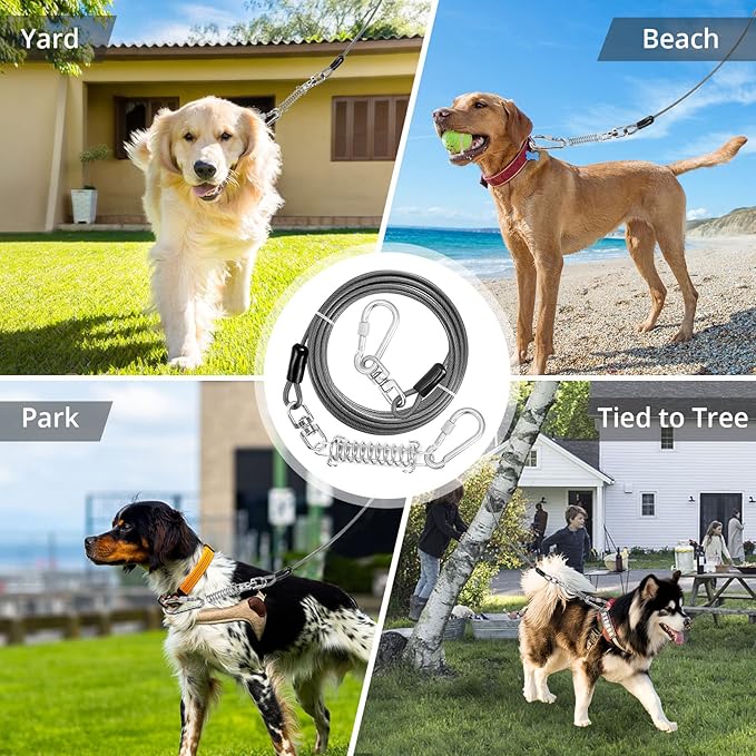 Jenico Dog Tie Out Cable - 10/15/20/30/40/50/70/100/150FT Runner Cable with Swivel Hook and Shock Spring, Outdoor and Camping Dog Leash Run Tether for Small to Medium Pets Up to 500 LBS