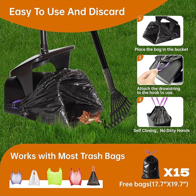 Dog Pooper Scooper with Bags & Dispenser - 37.4" Long Durable Metal Handle Swivel Bin & Rake & Spade Kit, Large Capacity Portable Pooper Scooper for Yards,Easy to Assemble