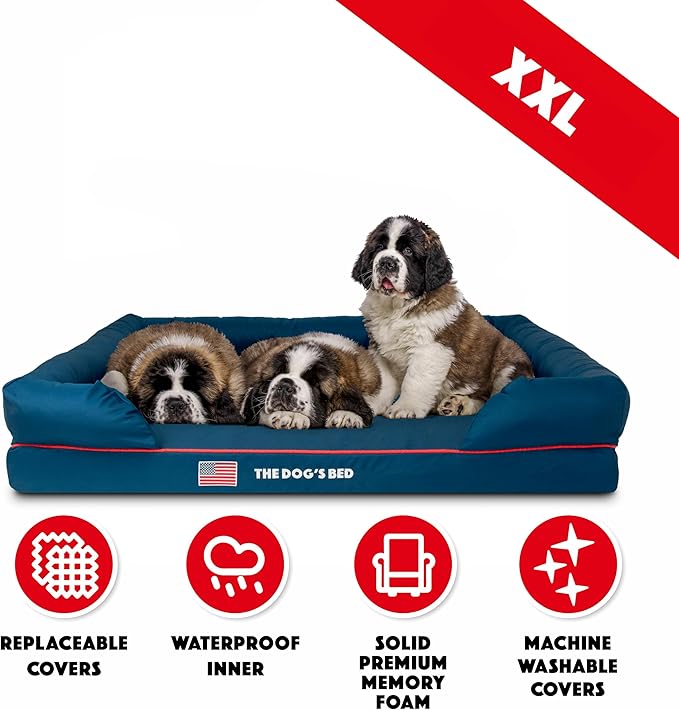 The Dog’s Bed, XXL Blue Oxford with Red Trim USA Flag Dog Bed 51.5x39, Memory Foam, Pain Relief: Arthritis, Post Surgery, Lameness, Supportive, Calming, Waterproof Washable Cover, Veterinary Approved