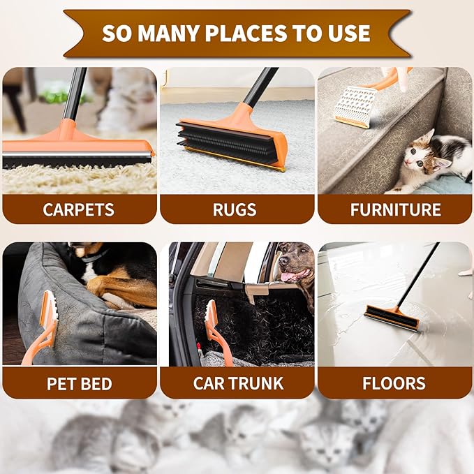 3 in 1 Carpet rake Kit for Pet Hair Removal Tool - Reusable Pet Hair Remover broom w 58"Adjustable Long Handle, Dog & Cat Carpet Scraper, Pet Hair Remover for Rugs, Mats, Couch, Curtains(Orange)