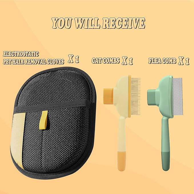 Pet Hair Removal Glove, Self Cleaning Pet Flea Comb Grooming Brush & Cat Brush - 3-in-1 Electrostatic Gloves Pet Hair Remover for Furniture, Clothes, Bedding