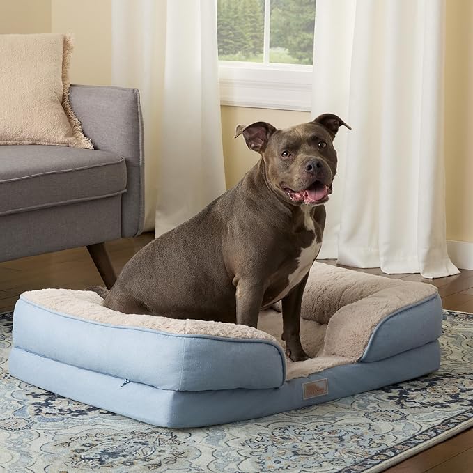 TOWN & COUNTRY EVERYDAY CuddleTown Comfy Solid Bolster Sofa Pet Bed, Supportive & Calming Egg Crate Foam, Non-Slip Bottom, Machine Washable Cover, Beige, Large 35"x25"x8"