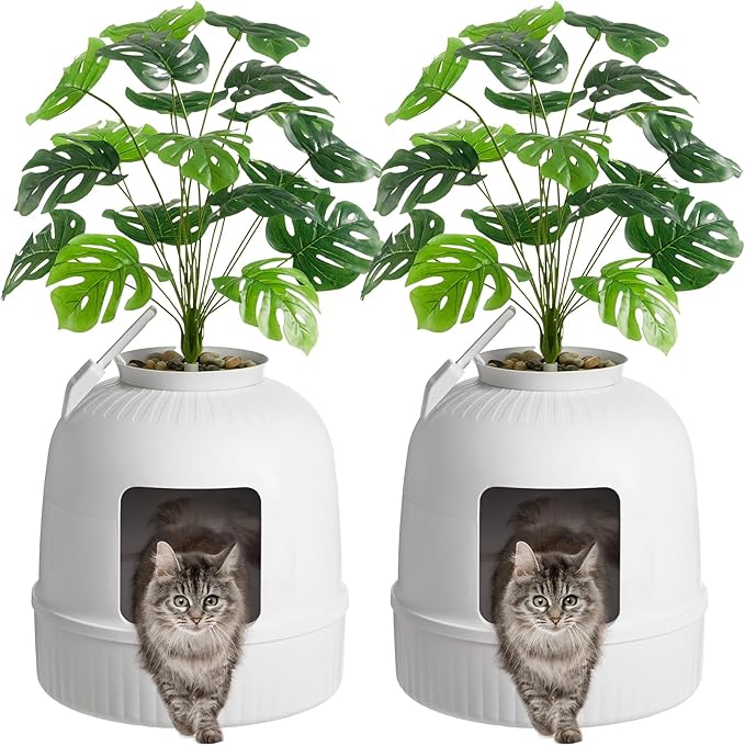 Lifewit 2 Pack Litter Box Cat with Faux Plant & Scoop, Hidden Enclosure Litter Tray with Odor Control & Carbon Filter in Living Room, Bedroom, Corner, White