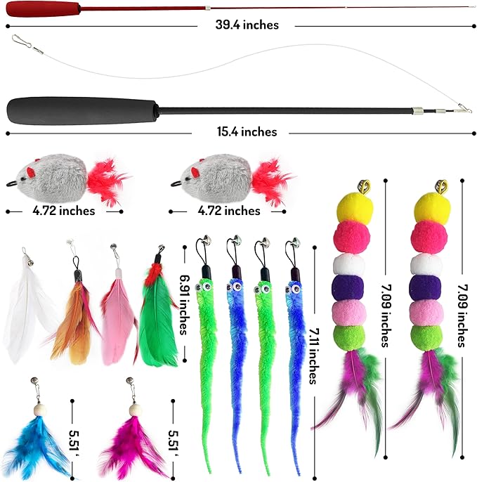 Retractable cat wand toys, 14PCS teaser refills-feather & worm refills and chirping mouse toy, interactive cat teaser toys for indoor cats, fishing pole games for bored indoor kitten exercise & play