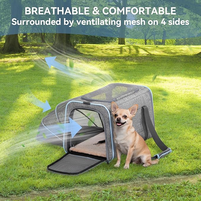 Petsfit Expandable Cat Carrier Dog Carriers,Airline Approved Soft-Sided Portable Pet Travel Washable Carrier for Kittens,Puppies,Removable Soft Plush mat and Pockets,Locking Safety Zippers