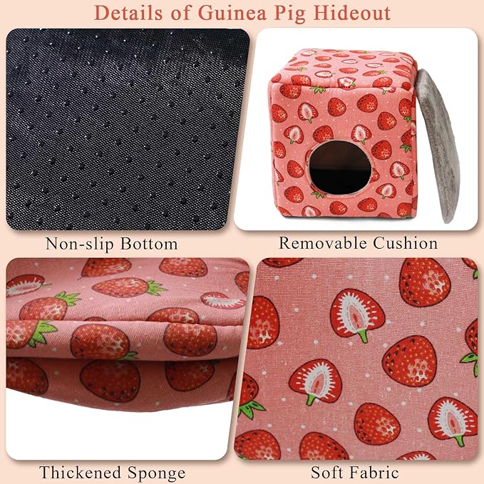 JSPYFITS Guinea Pig Hideout, Washable Guinea Pig House Cozy Small Pet Bed for Small Animal Bunny/Rabbit/Hamster/Chinchilla Accessories Pink Strawberry