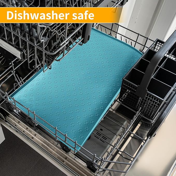 Ptlom Dog Food Mat Anti-Slip Pet Bowl Mats for Food and Water, High-Lips Pet Placemat Prevent Messy Spills to Floor, Waterproof Puppy Feeding Tray for Small, Medium Large Dogs Cats, Silicone