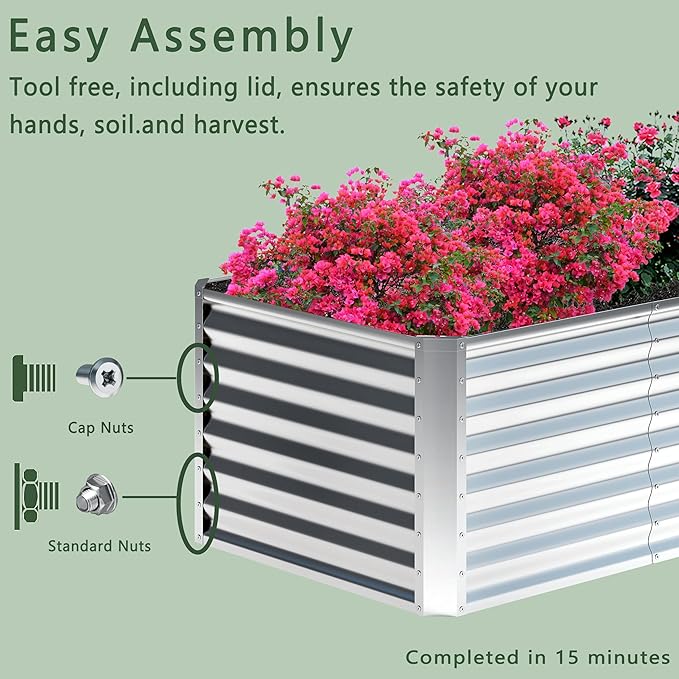 8x2x2FT Galvanized Raised Garden Bed,Planter Raised Beds-Metal Garden Box,Large Plant for Outdoor Planting, Vegetables Bed,Flower,herb-Sliver