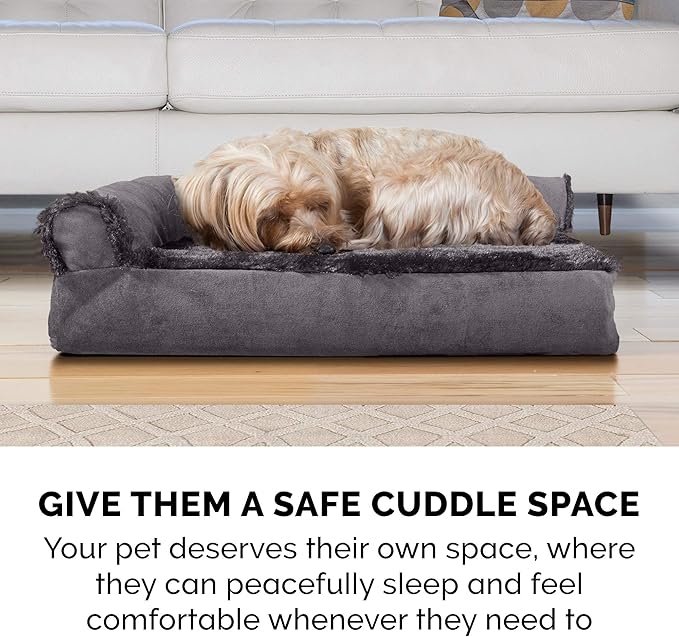 Furhaven Cooling Gel Dog Bed for Large/Medium Dogs w/ Removable Bolsters & Washable Cover, For Dogs Up to 55 lbs - Plush & Velvet L Shaped Chaise - Platinum Gray, Large