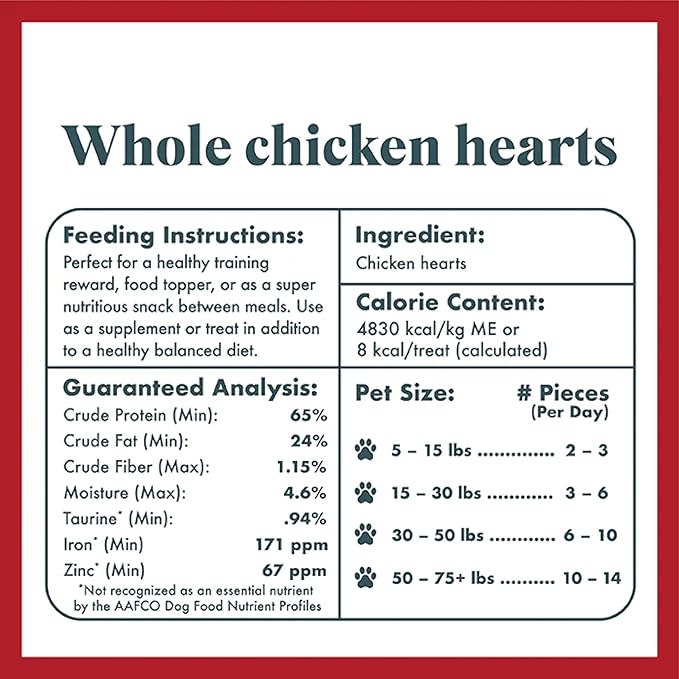 King Lou Pets - Whole Chicken Hearts for Dogs and Cats - Freeze Dried Cat Treats and Dog Treats - USA-Made Chicken Hearts - Taurine, Zinc, & Iron to Support Heart Health - Contains 50-60 Whole Hearts
