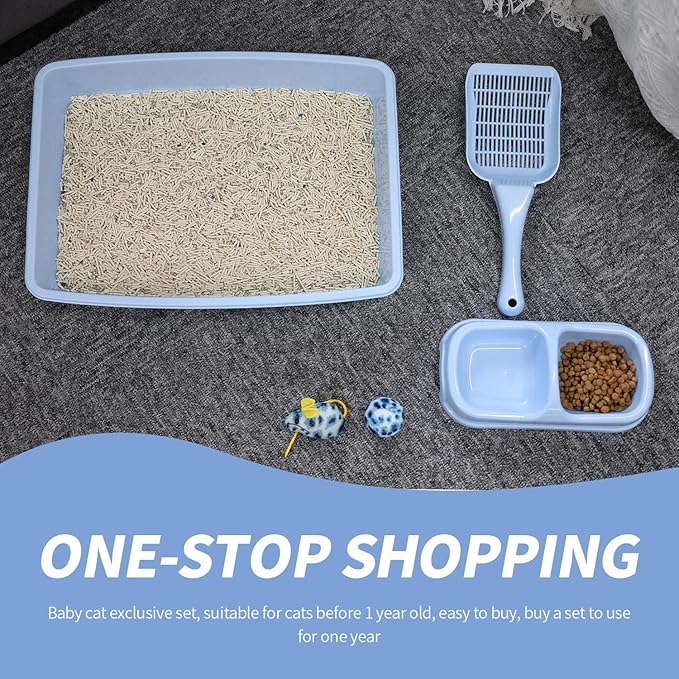 PAWISE Cat Litter Box Set, Small Cat Kitten Starter Kit, Include Cats Toilet Kitten Litter Pan, Cat Litter Scoop, Double Dish Cat Bowl, Cat Mouse Toy, Cat Ball Toy