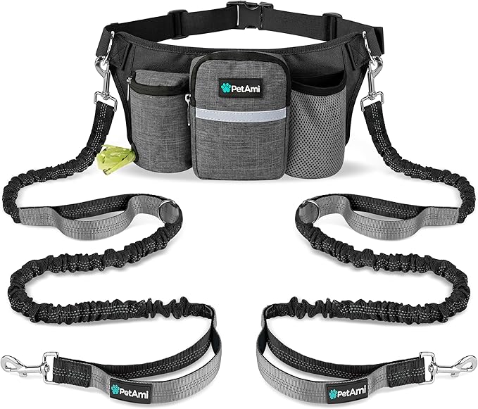 PetAmi Premium Hands Free Dog Leash for 2 Dogs, Adjustable Waist Belt Leash for Dog Walking, Fanny Pack Accessories Bag Dual Bungee Leash for Running, Hiking, Jogging, Biking, Charcoal Grey