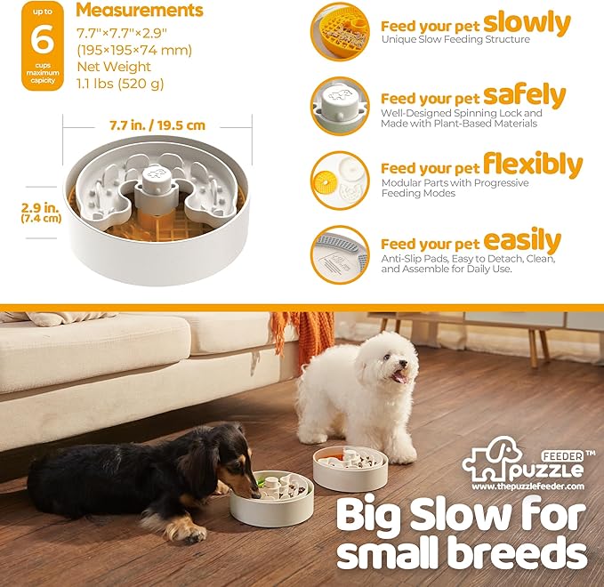 Slow Feeder Dog Bowl with Lick Mat and Puzzle Inserts - Non-Slip Base, Adjustable Speed Design, Dishwasher Safe for Puppies, Orange