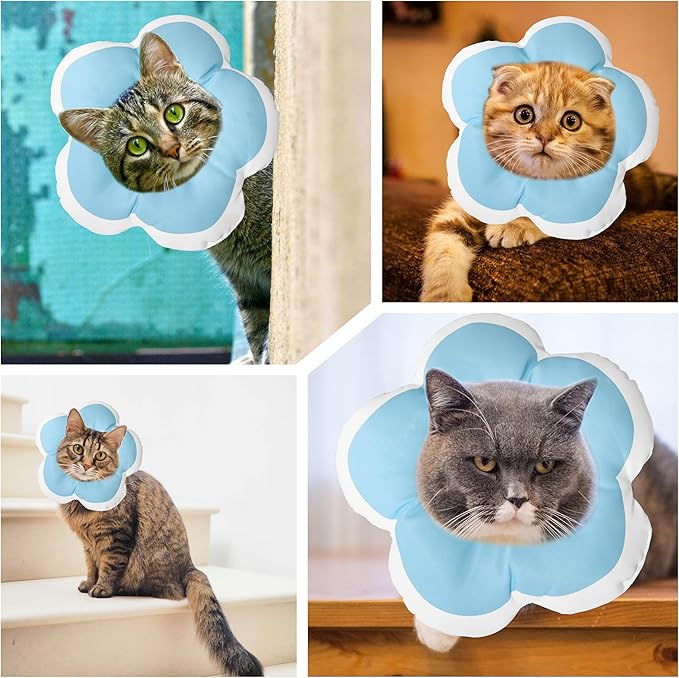 Cat Cone Collar Soft, Waterproof Cats Cones to Stop Licking After Surgery, Adjustable Soft Elizabeth Cats Collars for Wound Healing, Flower Shape Cat Recovery Collar (Blue, Small)