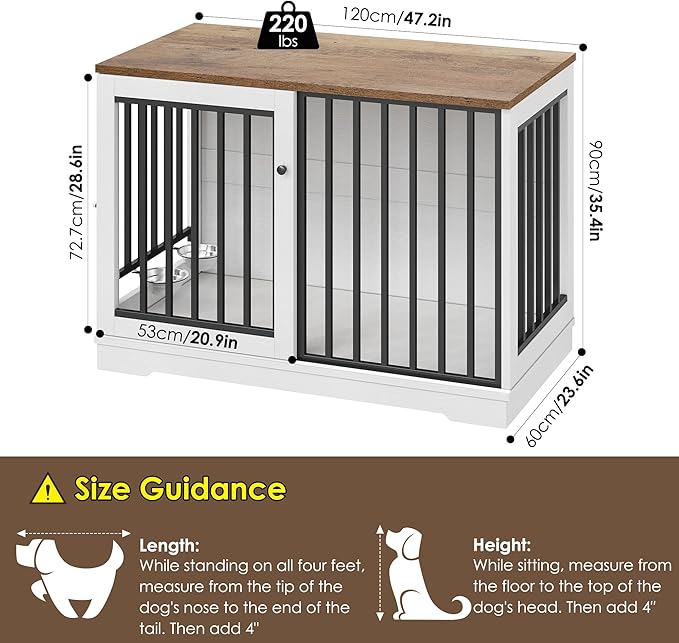 Dog Crate Furniture 47" Large Dog Kennel for Dogs Indoor, Heavy Duty Dog Cage with Sliding Door and 2 SUS Bowls Wooden End Table in Living Room for Small Medium Large Dogs, White