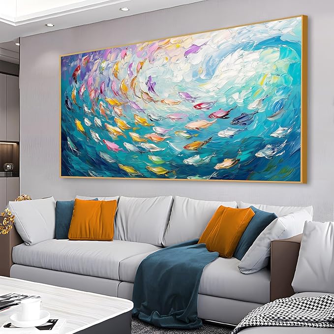 Fish Canvas Wall Art, Abstract School of Fish Canvas Wall Art, School of Fish Painting Canvas, School of Fish Wall Art, Fish Wall Decor, Fish Pictures Wall Decor, Bedroom Canvas Wall Decor (Black Framed, 23"x13" | 60x35cm)